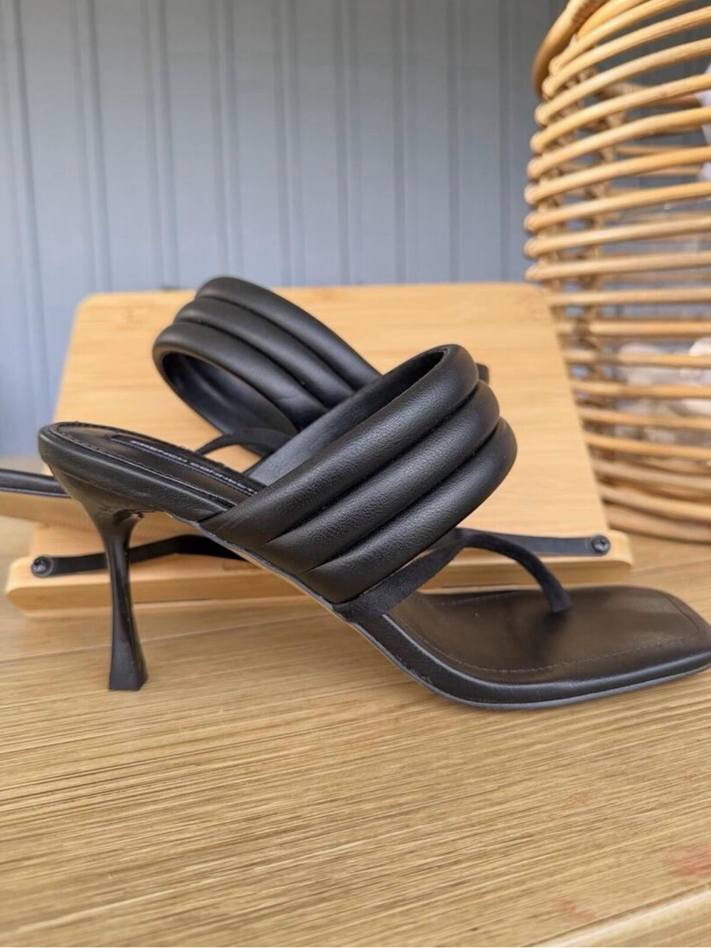 French Connection Black Quilted Double-Band Stiletto Sandals
